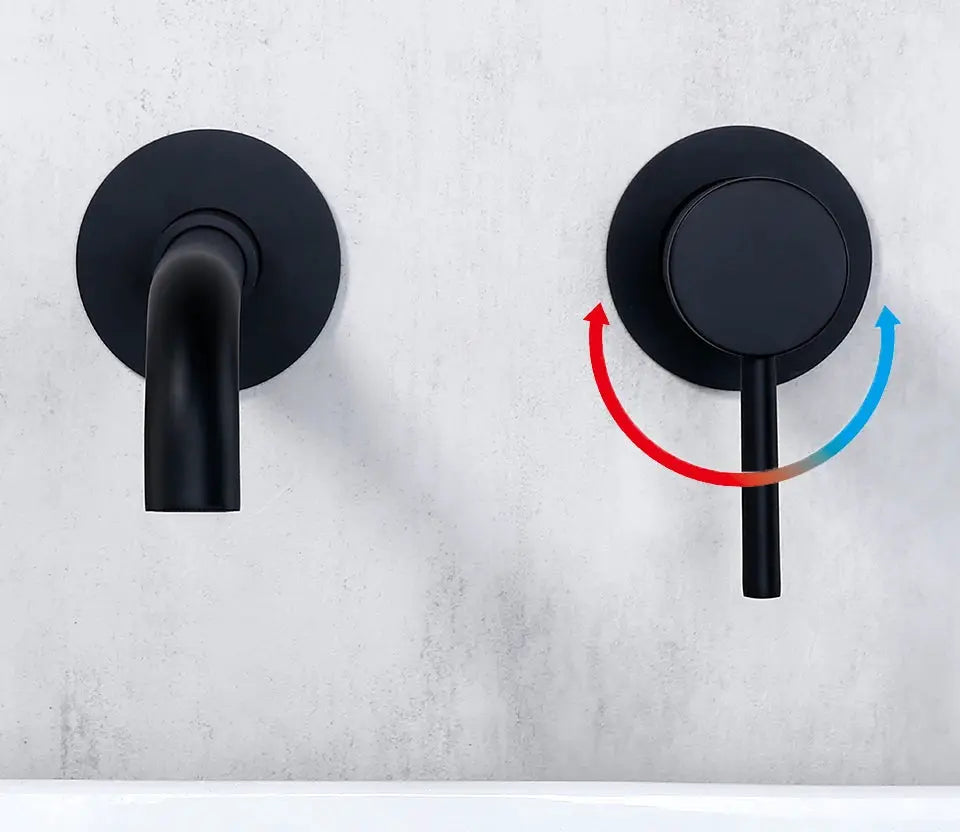 Basin faucet bathroom mixer, matte black brass finish, wall-mounted with a single lever for hot and cold water.