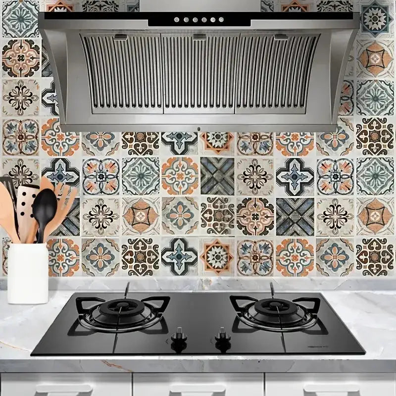 Tile-style 3D wallpaper for kitchen backsplash; self-adhesive vinyl with multicolor patterned tiles