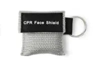 CPR face shield keychain in gray mesh pouch with black label and metal ring