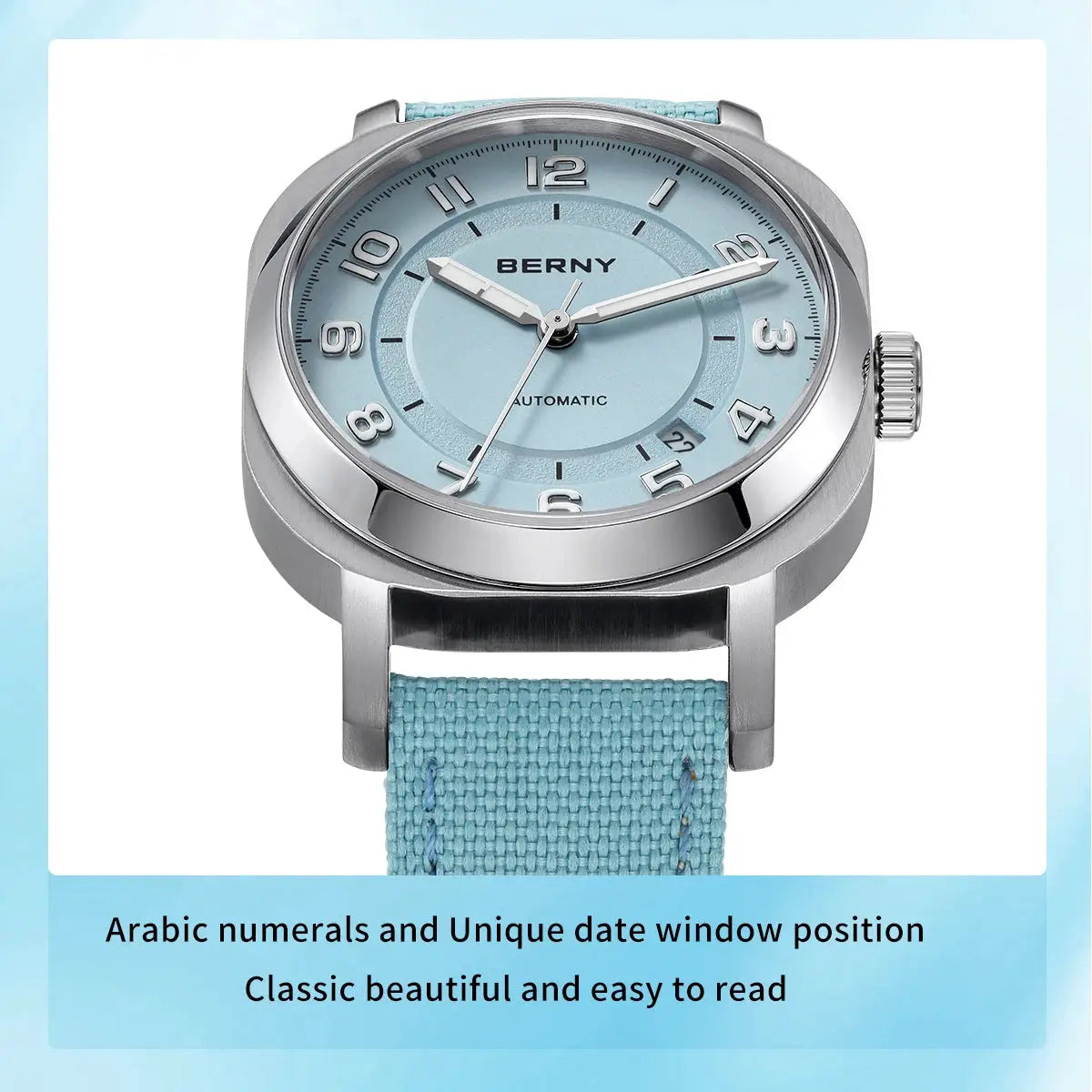 BERNY women's automatic wristwatch with light-blue dial, fabric strap and date window