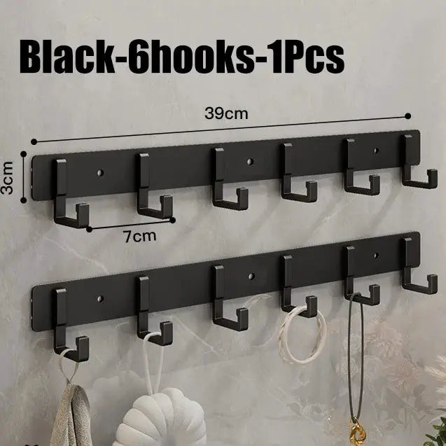 Black aluminum punch-free hook rack by Simples Market with two rows of kitchen and bathroom storage hooks