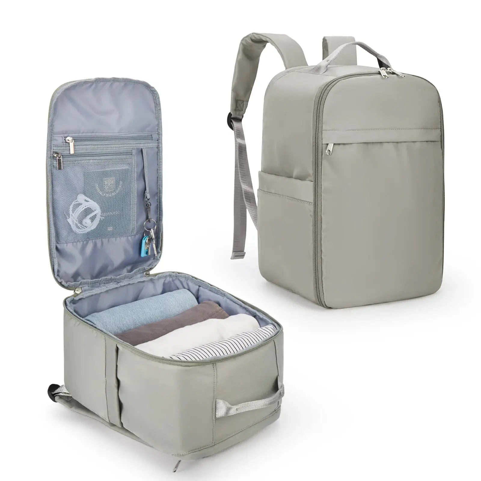 Ryanair cabin backpack in light gray nylon with front zip pocket and interior mesh organizer, 40x20x25 cm