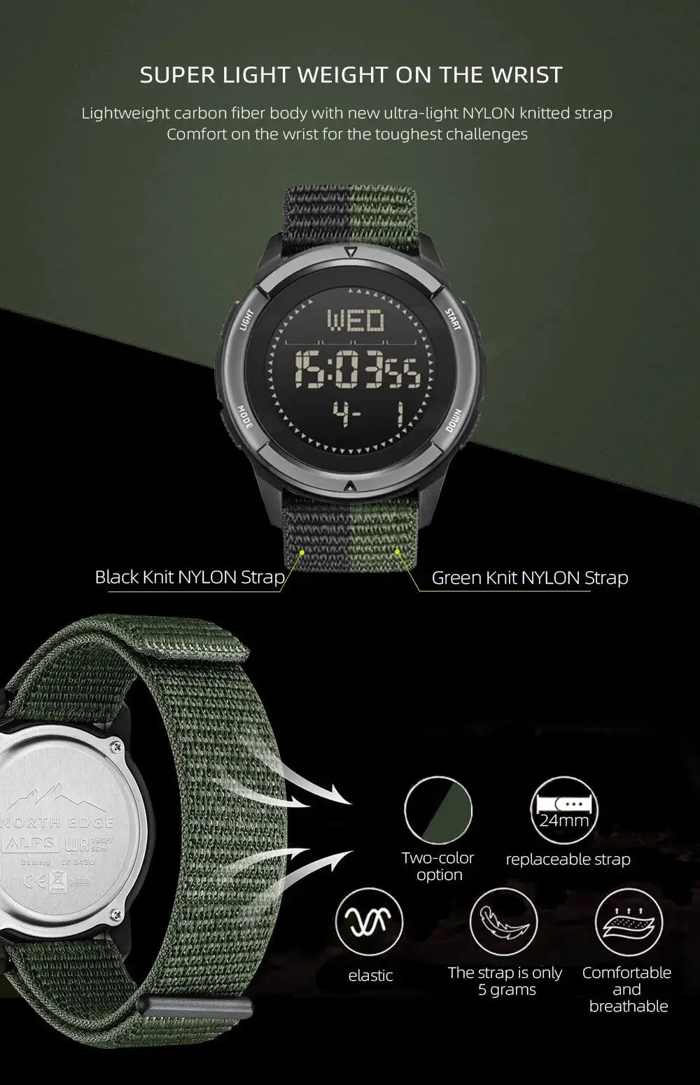 North Edge Alps digital watch with carbon fiber case and dual-color nylon strap in black and green for outdoor use