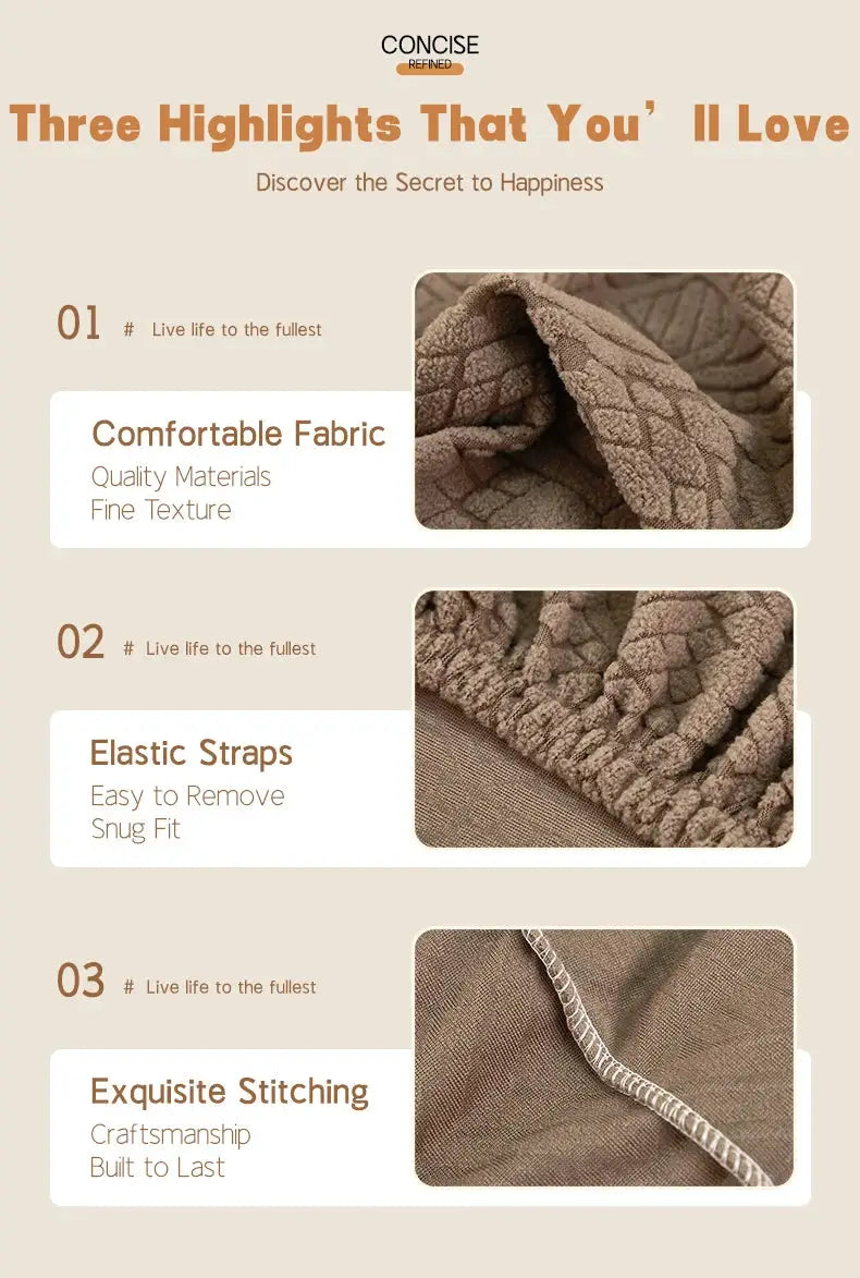 Stretch jacquard sofa bed cover by Simples Market, brown fabric with elastic straps