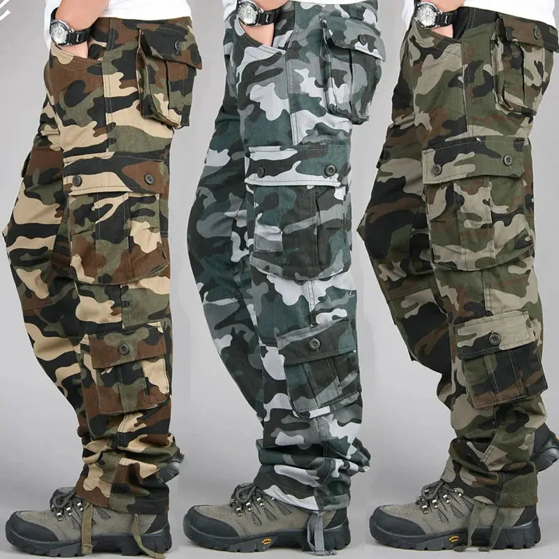 Simples Market men's tactical camouflage cargo pants, cotton, multi-pocket, three pairs in brown gray and green camo