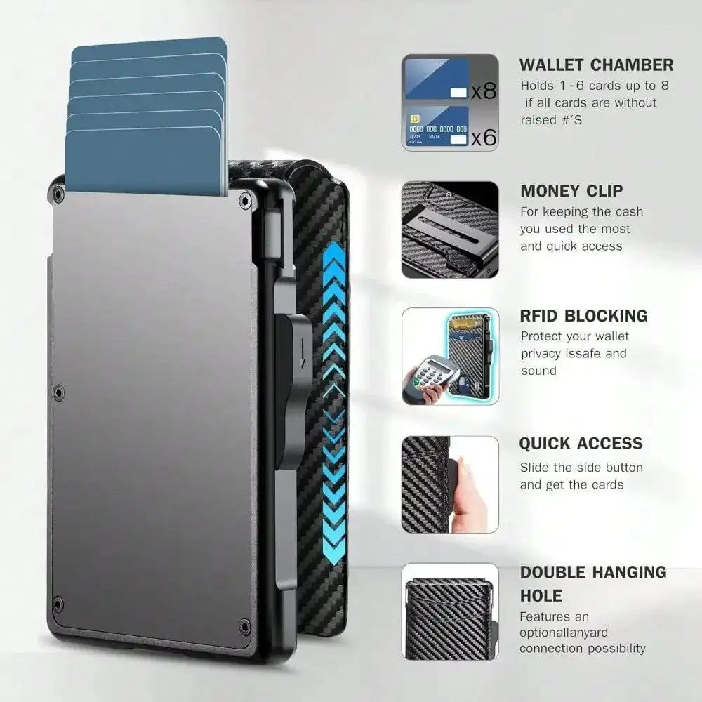 Wallet for Men by Simples Market, slim carbon-fiber minimalist card wallet with money clip, ID window, RFID blocking