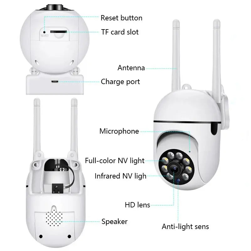 8MP WiFi IP PTZ security camera kit with dome camera, dual antennas, base unit, two-way audio and night vision LEDs