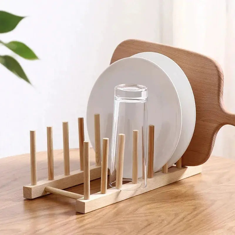 Wooden dish drying rack with plate holder and peg rack, Simples Market, holds two plates and a glass.