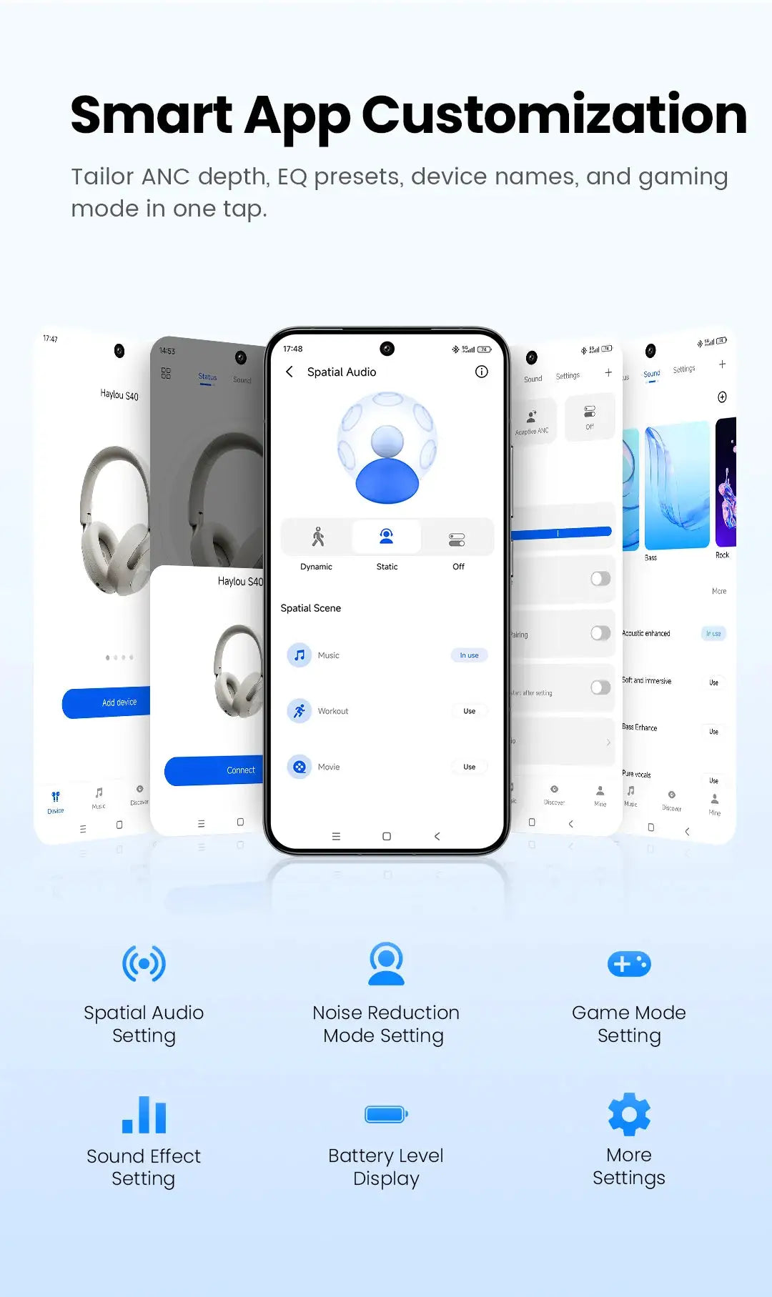 Haylou S40 ANC wireless headset, white, shown with smartphone app screens featuring spatial audio customization