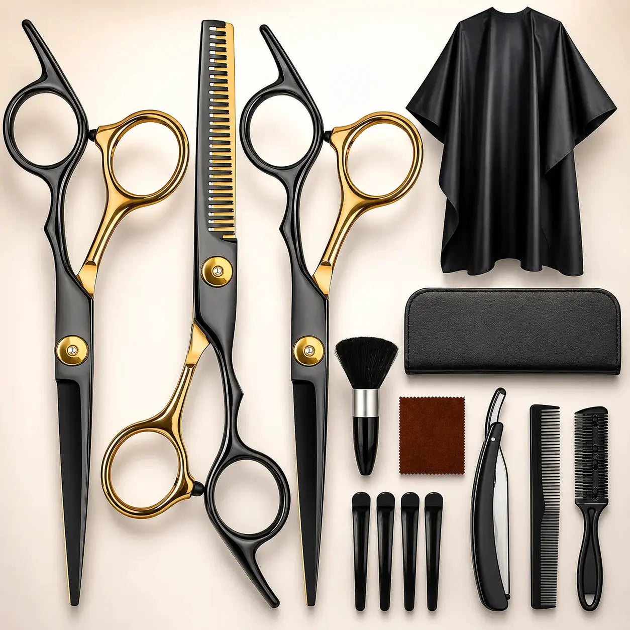 Professional hair cutting scissors set by Simples Market in black and gold with cape, pouch and grooming tools
