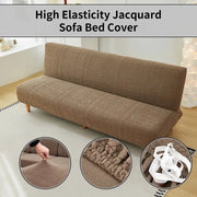 Stretch jacquard sofa bed cover in brown with elastic straps
