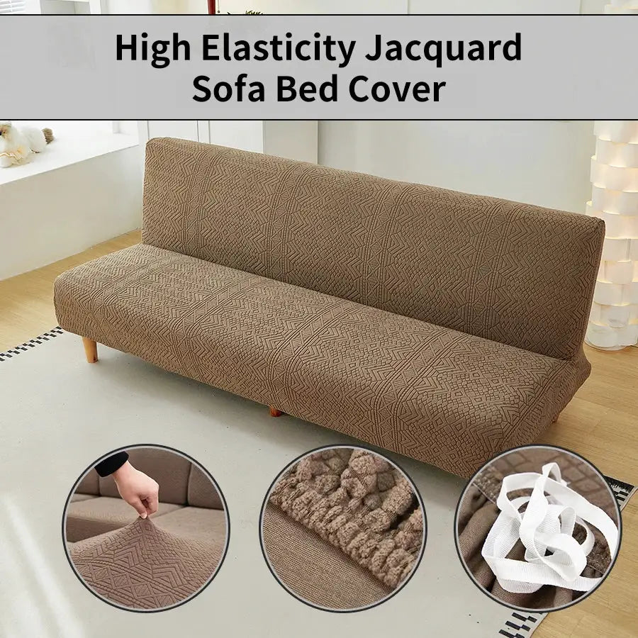 Stretch jacquard sofa bed cover in brown with elastic straps