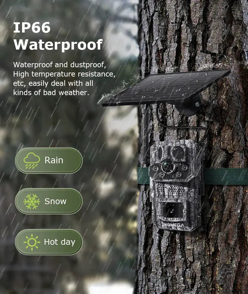 INQMEGA4G solar trail camera by Simples Market mounted on a tree with a solar panel, IP66 waterproof