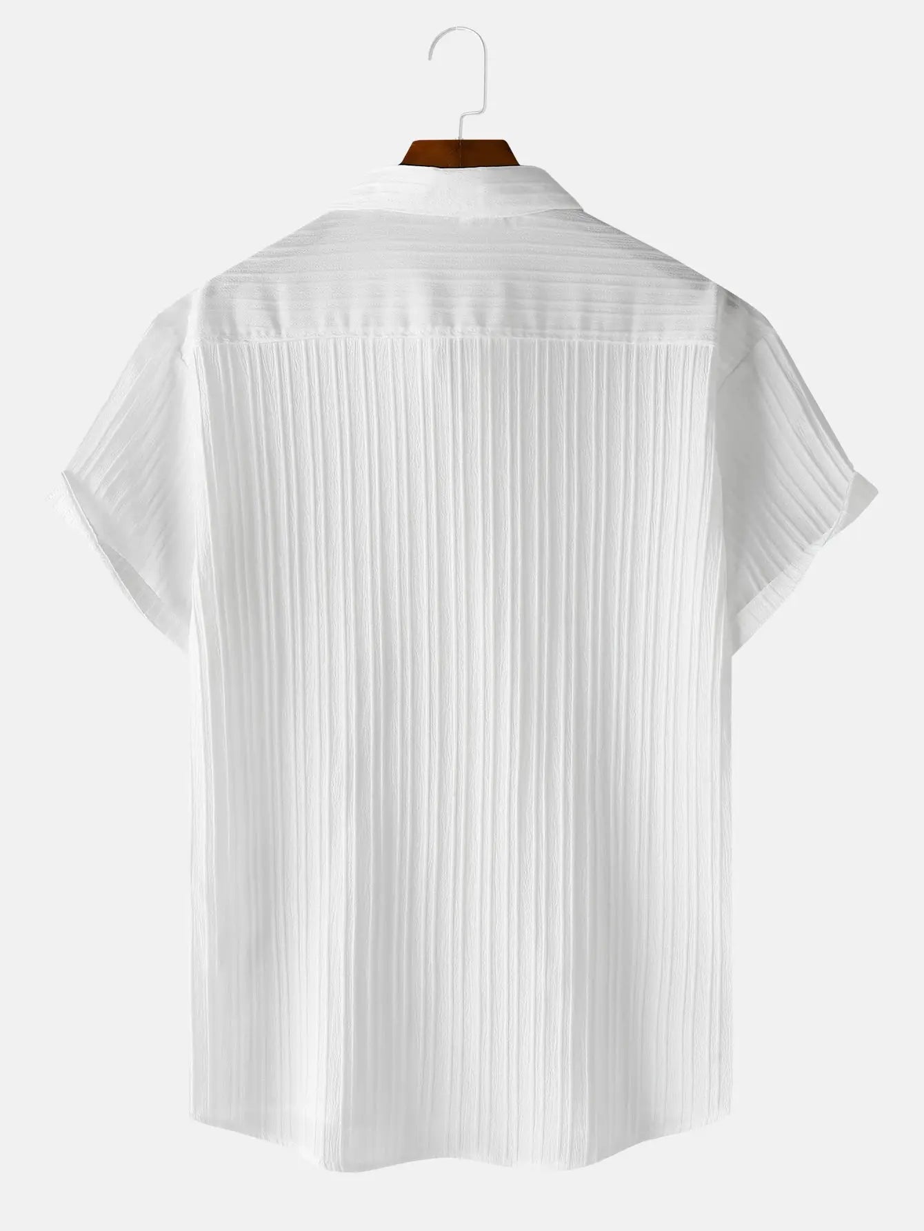 Men's white short-sleeve shirt by Simples Market with vertical pleated back texture.