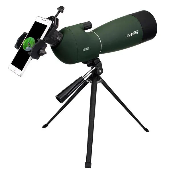 SVBONY SV28 telescope spotting scope with olive green body on tripod and phone mount