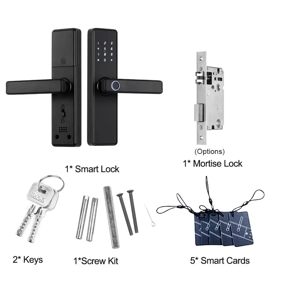 RAYKUBE K20 smart biometric door lock in black with keypad; includes mortise option, 2 keys, screw kit, 5 smart cards.