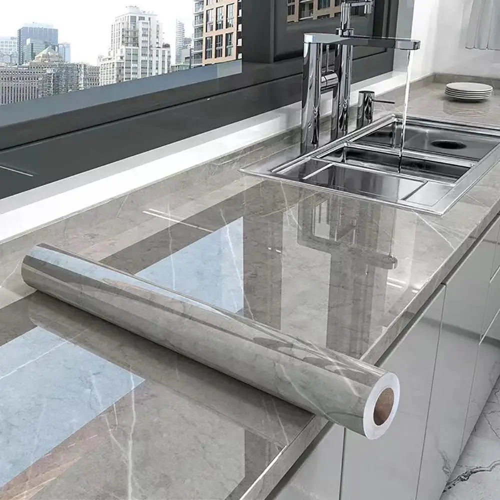 Simples Market 40cm self-adhesive kitchen wallpaper roll in marble gray, waterproof and oil-proof for countertops.
