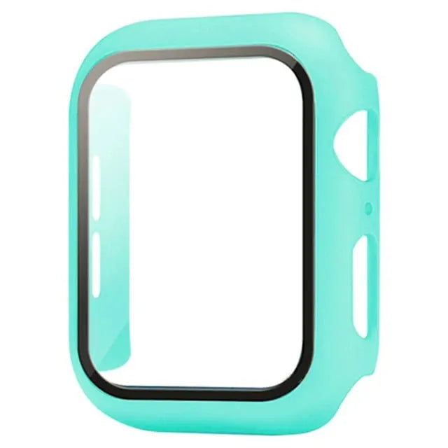 Simples Market Apple Watch case with glass screen protector, turquoise silicone bumper for 40-46mm models.