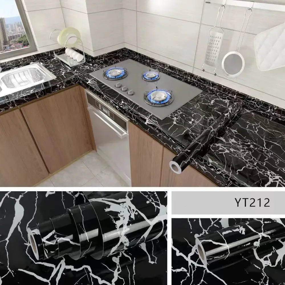 Self-adhesive wallpaper roll, 40cm, black marble finish for kitchen countertops and cabinets, PVC waterproof.
