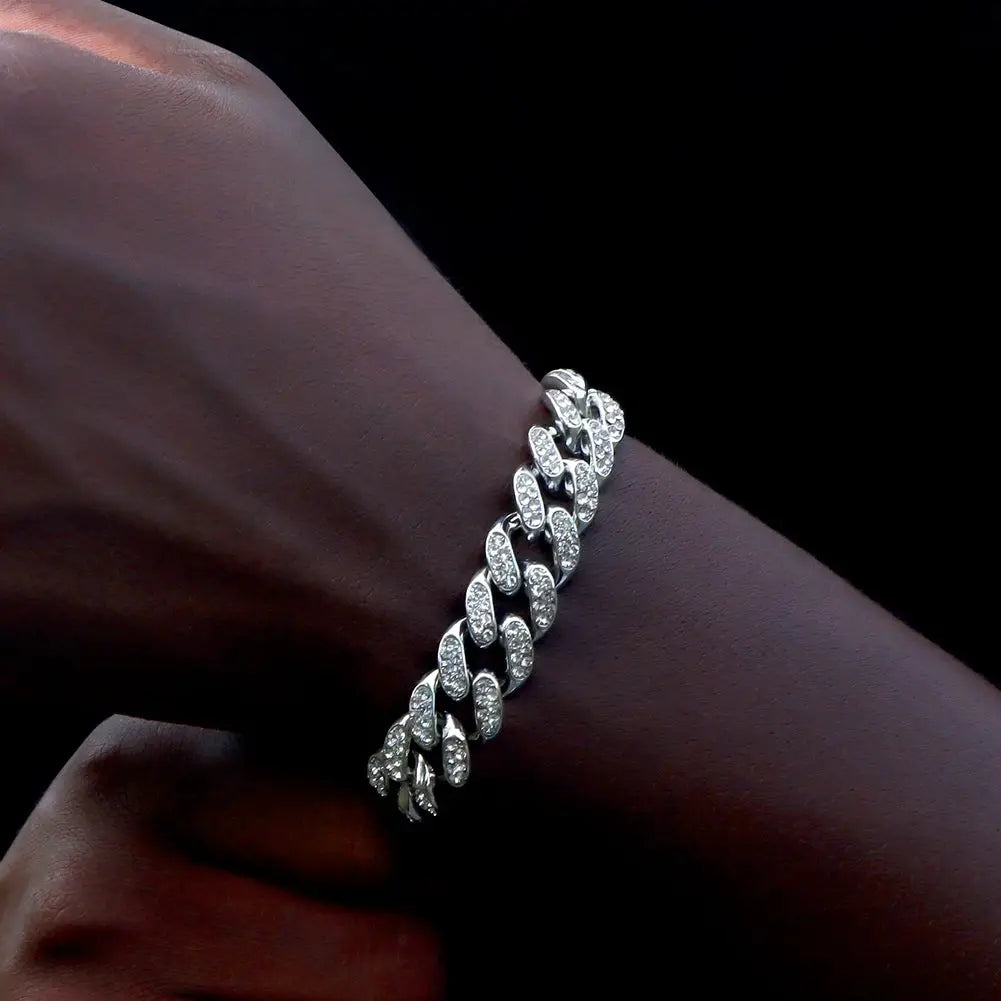 Hip Hop Cuban Link Bracelet for Men and Women Iced Out Rhinestone Gold Silver Color Miami Chain Unisex Jewelry Gift