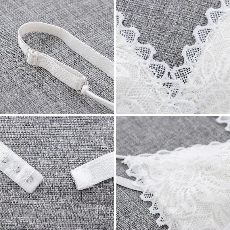 Simples Market women's lace bralette, white wire-free unpadded bra with adjustable strap and floral lace trim