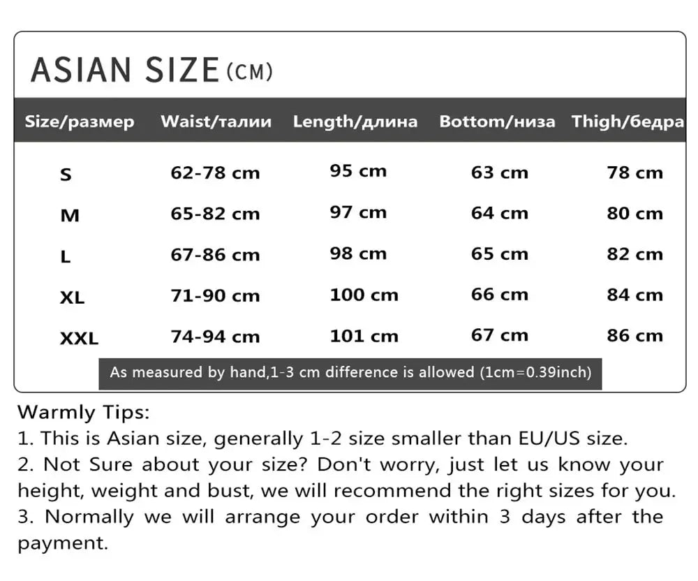 Cargo pants size chart with Asian sizing: waist, length, bottom and thigh measurements