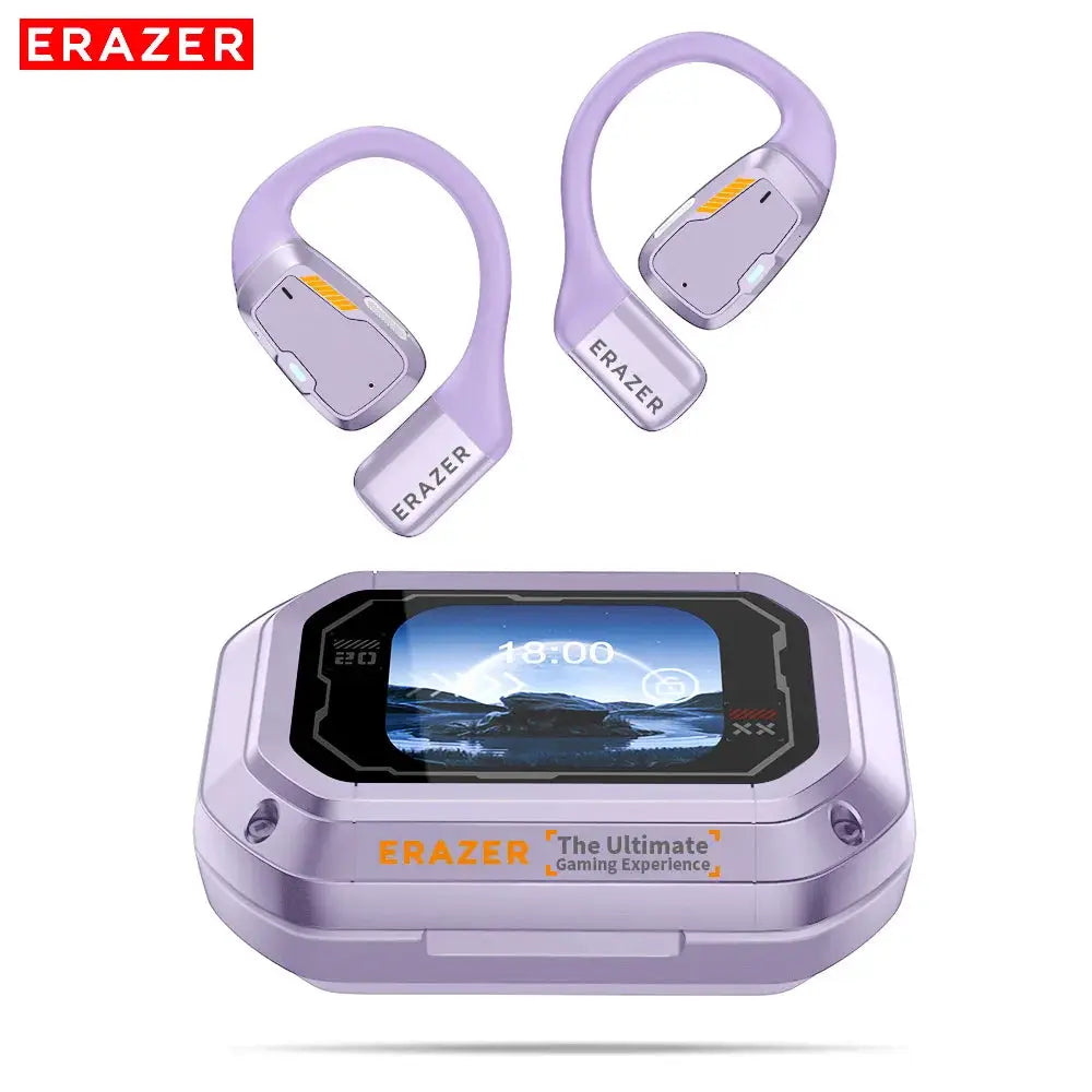Erazer XP6 wireless earbuds in lavender with charging case, ERAZER branding visible