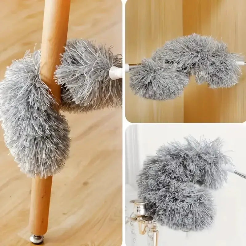 Extendable microfiber duster wand with dual grey fluffy heads and retractable rod for high ceilings.