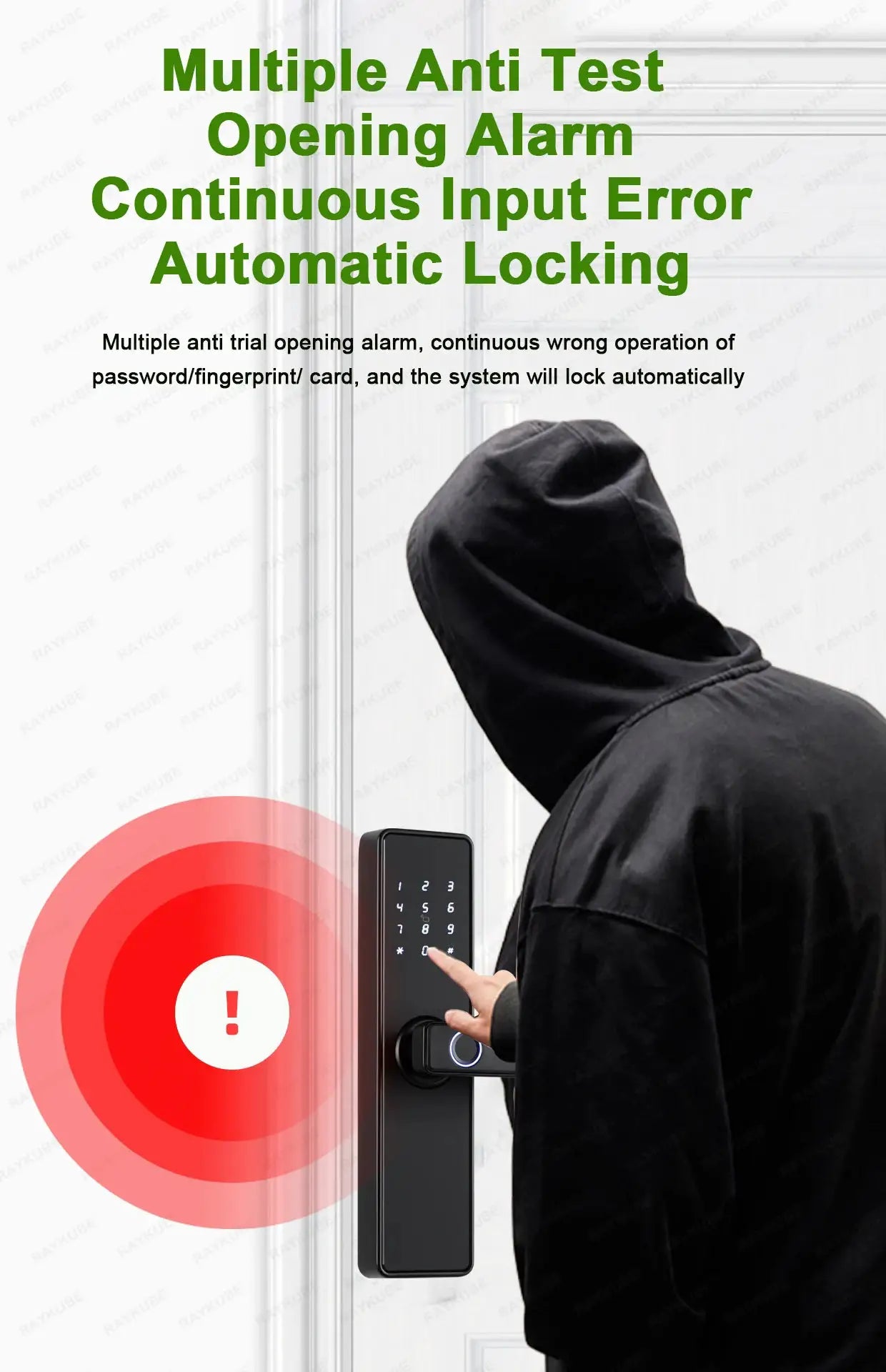RAYKUBE K20 biometric door lock by Simples Market; black touchscreen keypad with fingerprint reader