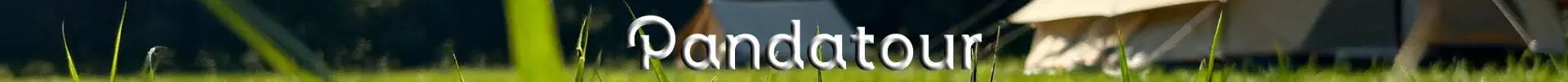 Pandatour banner logo over a grassy campsite with tents in the background.