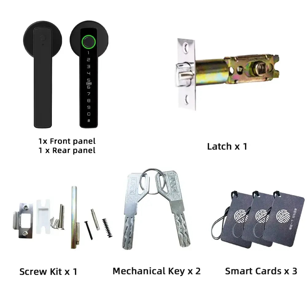 RAYKUBE M5 Tuya BLE fingerprint door lock kit with front/rear panels, latch, screws, 2 mechanical keys, 3 smart cards