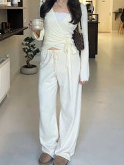 Absobe 2 Piece Leisure Suit Women Flare Sleeve Crop Cardigan Pants