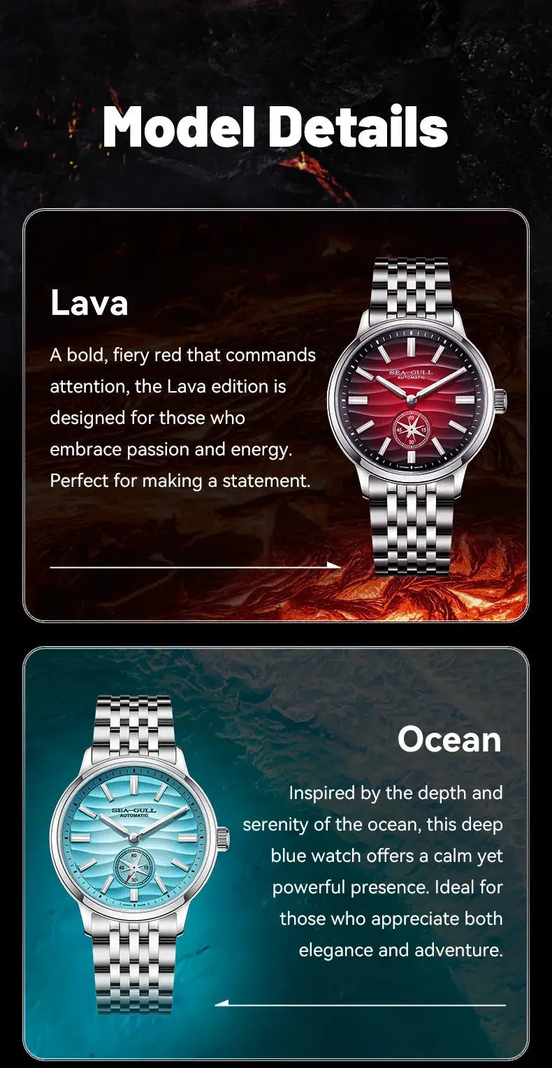 Sea-Gull Natural Series men's automatic watches with stainless steel bracelet; Lava red and Ocean blue (2 watches)