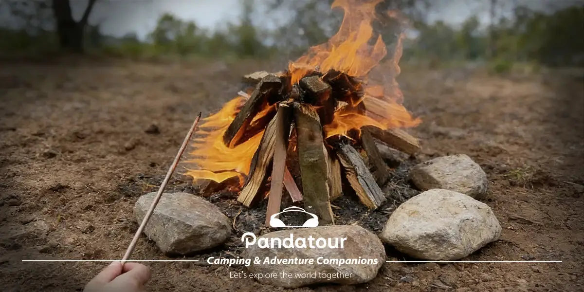 Pandatour hand-held campfire starter near a wood fire with visible logo