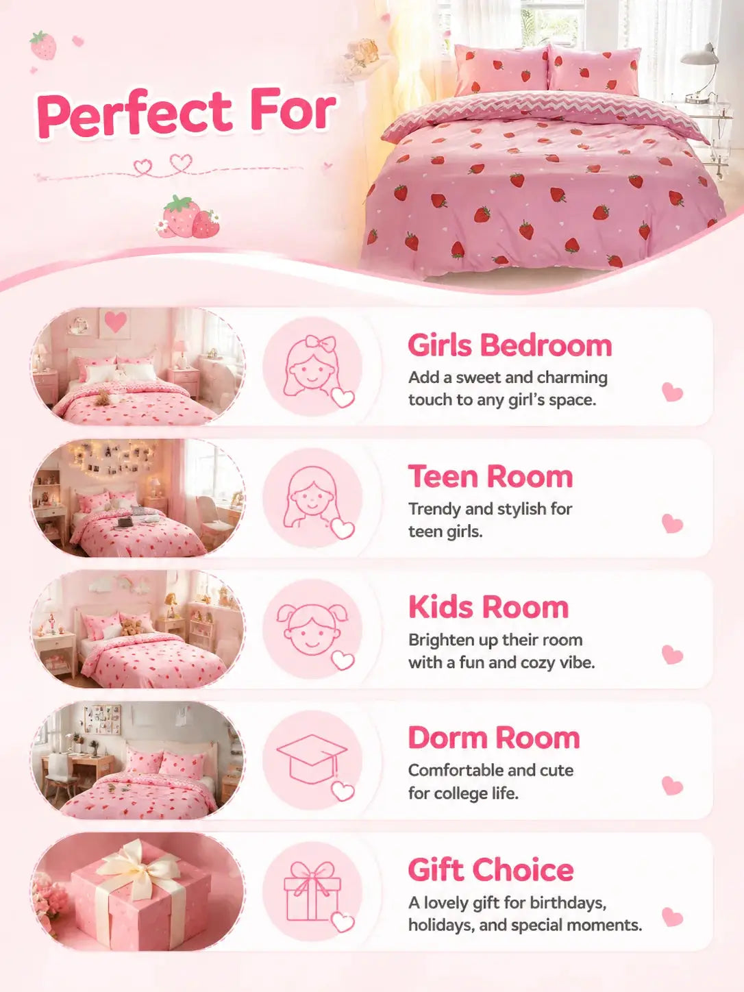 Simples Market pink strawberry-pattern duvet cover set with pillowcases in twin and full sizes