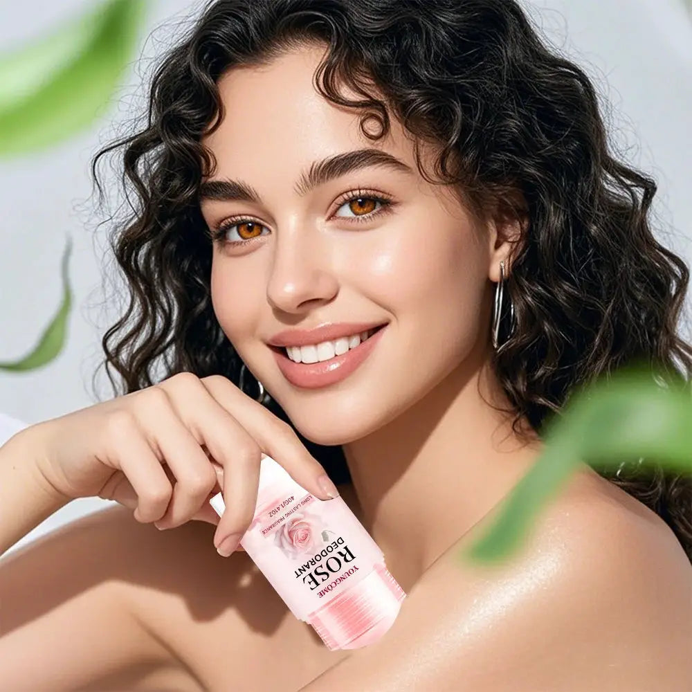Pink Rose Essentials deodorant stick by Simples Market, pink packaging, long-lasting fragrance.