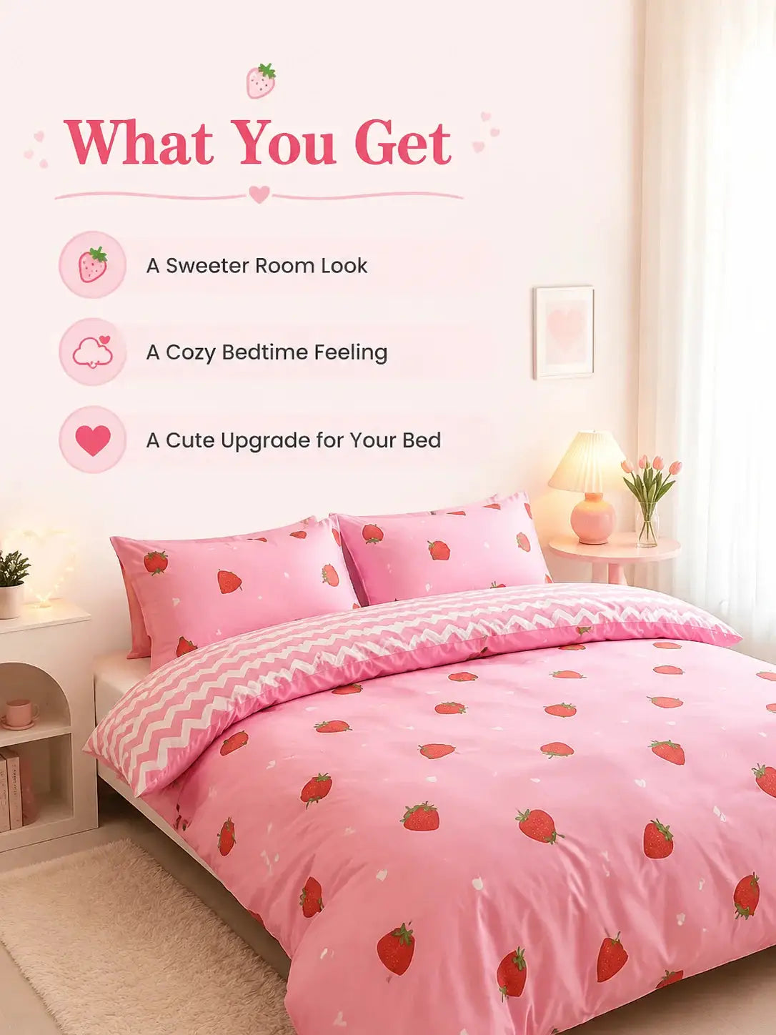 Pink strawberry-pattern duvet cover set with 2 pillowcases on a bed