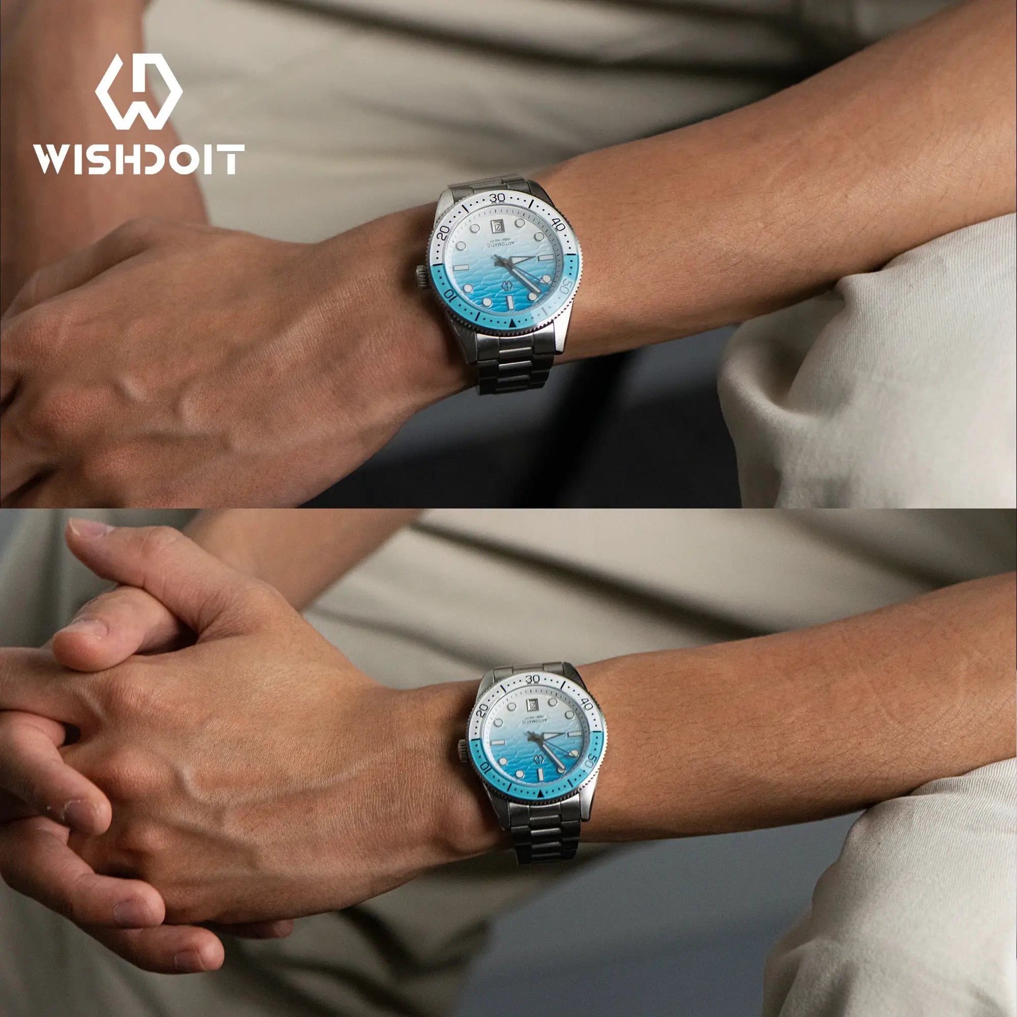 WISHDOIT men's automatic dive watches (2) with ocean blue ripple dials and sapphire glass.