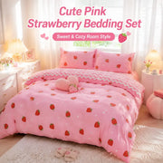 Pink strawberry-pattern duvet cover set with pillowcases by Simples Market; soft, skin-friendly bedding for girls