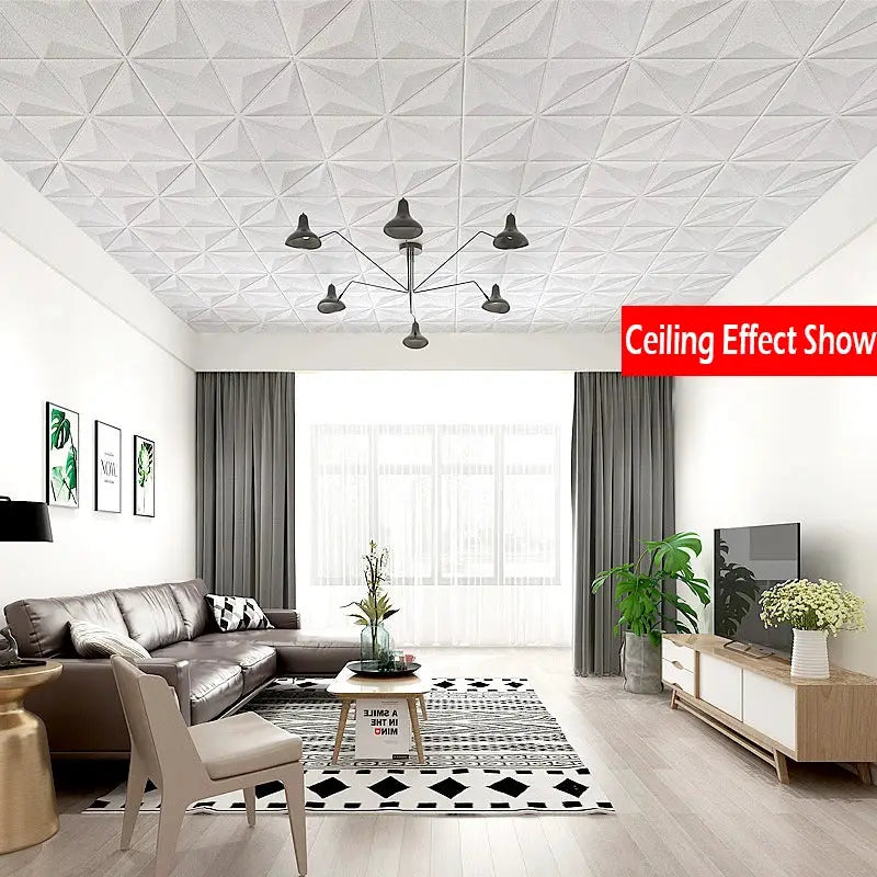 3D foam ceiling wallpaper, self-adhesive, white geometric pattern, 35x35cm