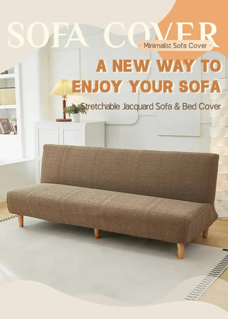 Stretch jacquard sofa bed cover by Simples Market in brown geometric pattern for living room.