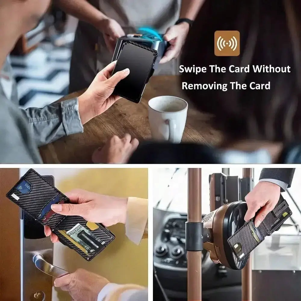 Simples Market men's minimalist black carbon-fiber wallet with RFID blocking, multiple card slots and ID window.