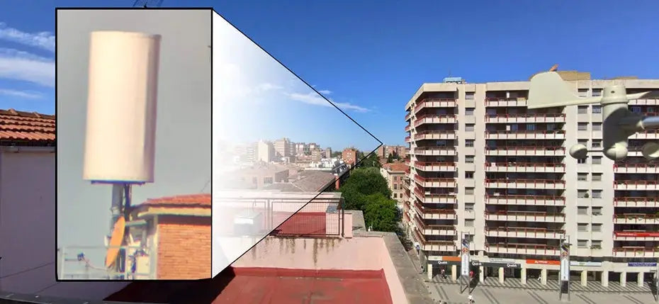 SVBONY SV28 telescope spotting scope close-up inset of white component over urban skyline
