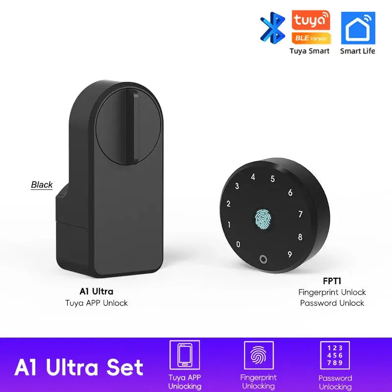 Black A1 Ultra Tuya BLE smart door lock and FPT1 fingerprint keypad; two-piece Simples Market set