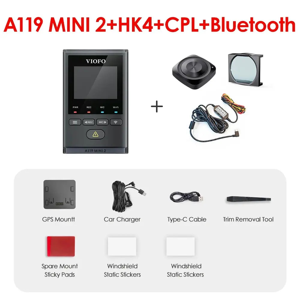 VIOFO A119MINI-2 dash cam with GPS mount, car charger, Type-C cable, trim tool, spare mount, windshield stickers (2)