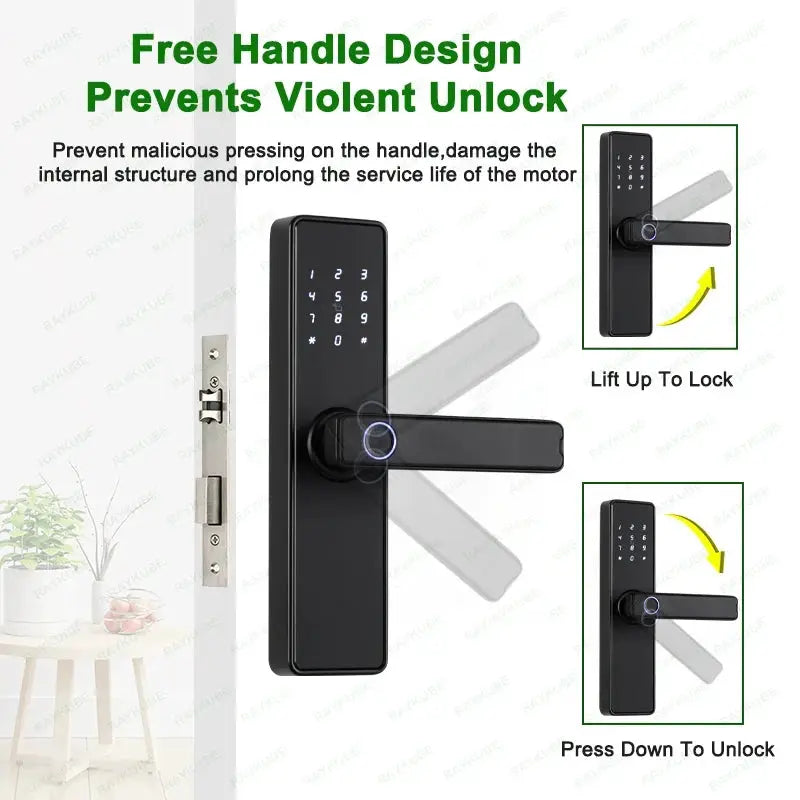 RAYKUBE K20 biometric door lock by Simples Market; black electronic lock with fingerprint keypad and handle