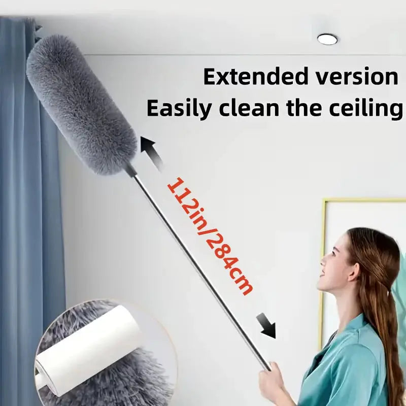 Extendable microfiber duster wand with gray head and retractable pole, 112in/284cm for high ceilings and furniture.