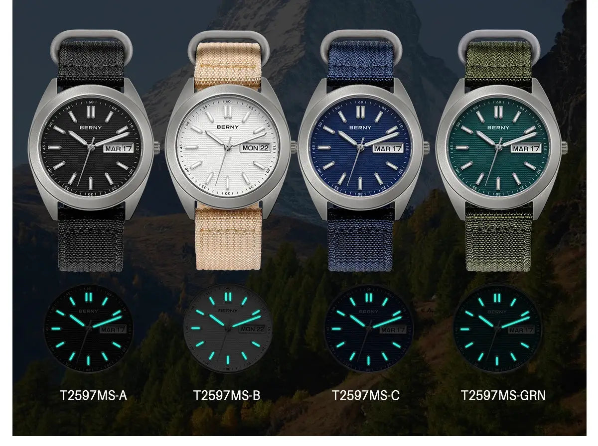 BERNY titanium men’s watches, 4 watches with luminous dials and date window; 4 strap colors (black, beige, blue, green).