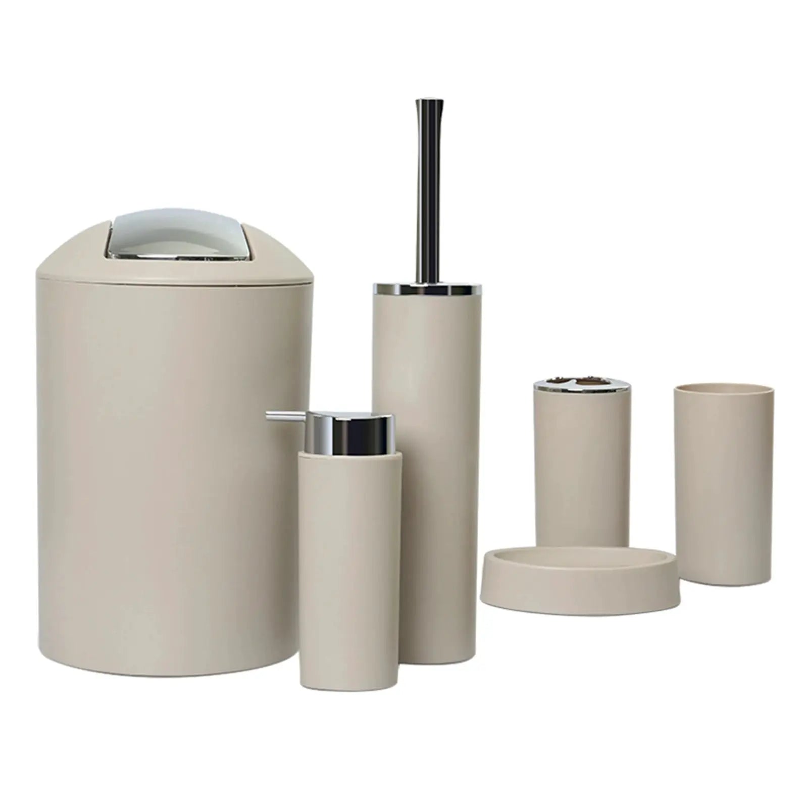 Beige six-piece bathroom set with chrome accents; includes trash can, lotion dispenser, toothbrush holder, soap dish, toilet brush