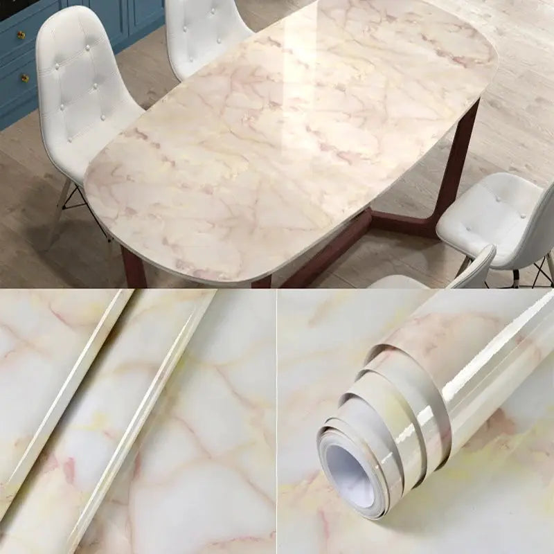 Simples Market 40cm self-adhesive pink marble-look PVC wallpaper for kitchen counters; waterproof, oil-proof roll.